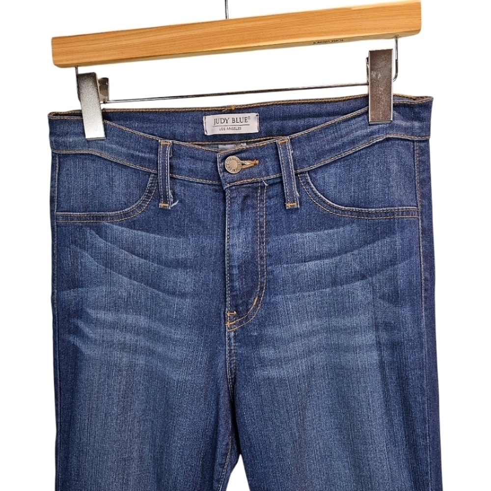 Judy Blue Womens Super Flare High Rise Raw Hem Jeans Sz 7/28 Blue Retro 70s Boho - Picture 7 of 13